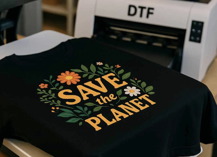เสื้อสกรีนลาย SAVE THE PLANET จากเครื่องพิมพ์ DTF แสดงแนวคิดรักษ์โลก