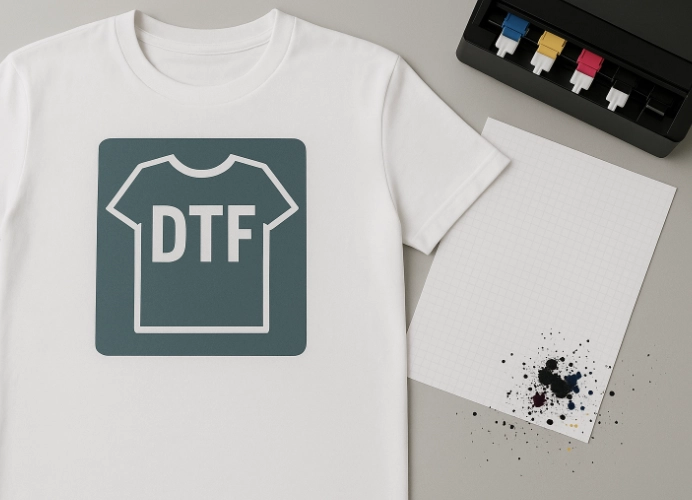 เสื้อสีขาวที่พิมพ์ลาย DTF พร้อมเครื่องพิมพ์และกระดาษทดสอบหมึกข้างๆ
