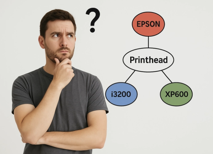 ผู้ชายกำลังครุ่นคิด พร้อมแผนภาพเปรียบเทียบหัวพิมพ์ Epson รุ่น XP600 และ i3200