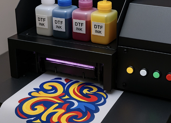 เครื่องพิมพ์ DTF กำลังพิมพ์ลายสีสันสด พร้อมตลับหมึก CMYK
