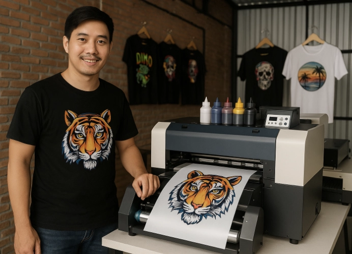 ช่างสกรีนเสื้อยืนข้างเครื่องพิมพ์ DTF ขณะพิมพ์ลายเสือบนฟิล์ม