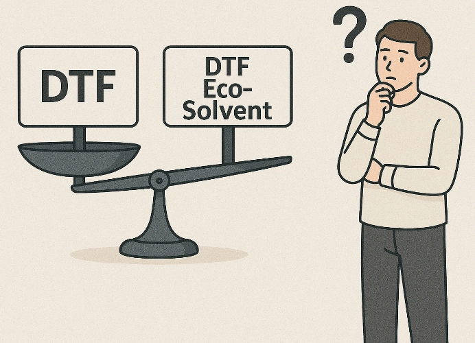 ภาพการ์ตูนแสดงตาชั่งเปรียบเทียบระหว่าง DTF และ DTF Eco-Solvent พร้อมชายคนหนึ่งยืนครุ่นคิด