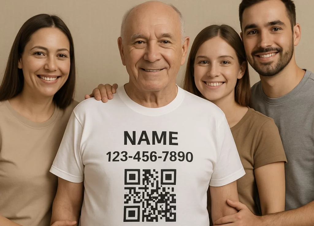 ครอบครัวสี่คนยิ้มให้กล้อง ชายสูงอายุสวมเสื้อยืดพิมพ์ชื่อ เบอร์โทร และคิวอาร์โค้ด
