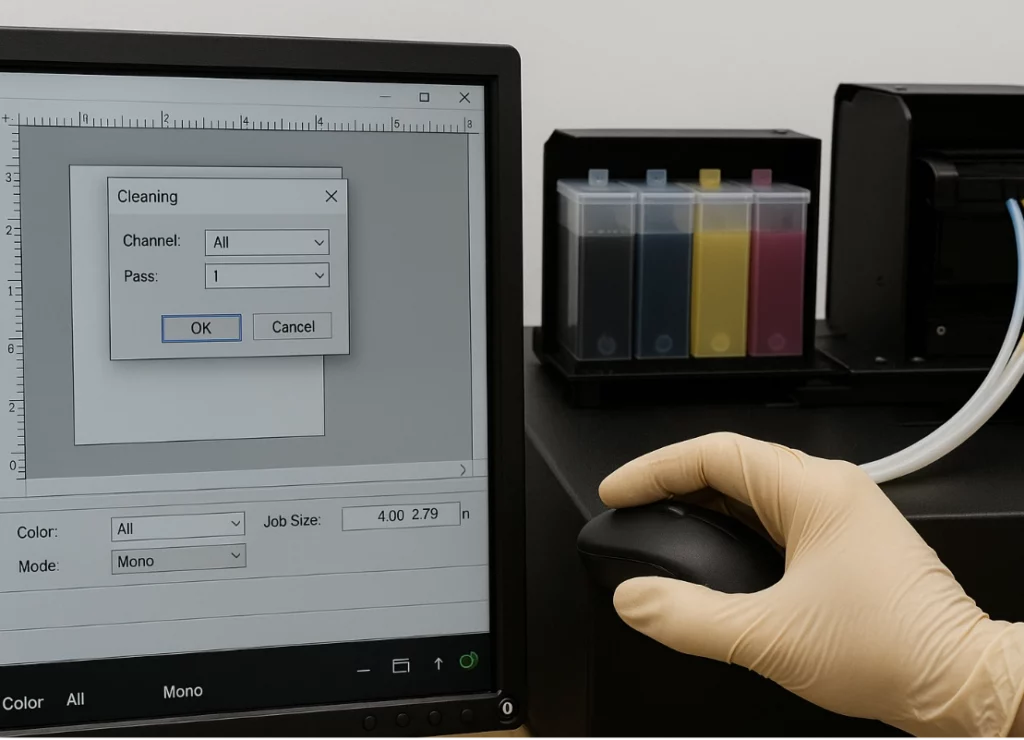 หน้าจอคอมพิวเตอร์เปิดโปรแกรมควบคุมเครื่องพิมพ์ DTF แสดงหน้าต่าง Cleaning พร้อมมือสวมถุงมือจับเมาส์