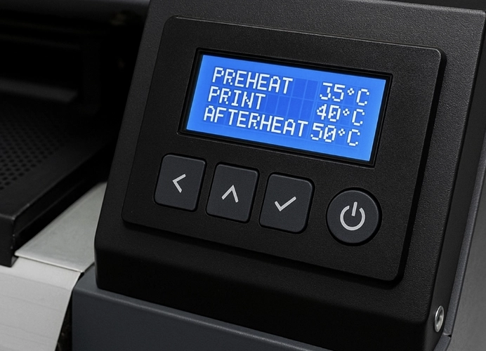 หน้าจอแสดงการตั้งค่าอุณหภูมิฮีตเตอร์เครื่องพิมพ์ DTF แบ่งเป็น Preheat, Print, และ Afterheat