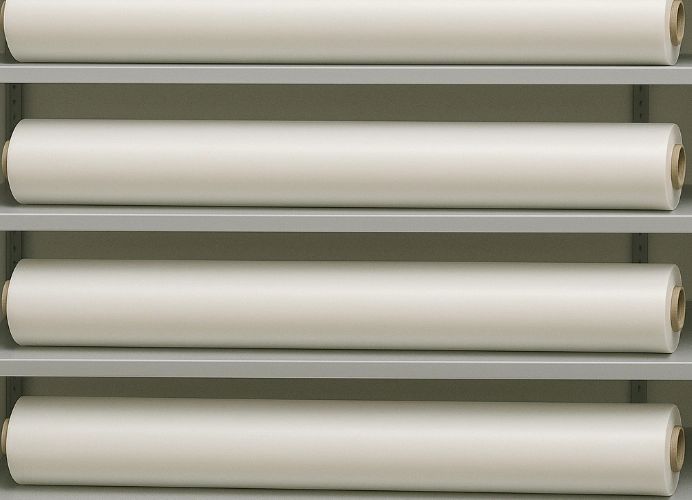 ม้วนฟิล์ม DTF ขนาดยาววางเรียงบนชั้นเก็บของในร้านพิมพ์เสื้อ