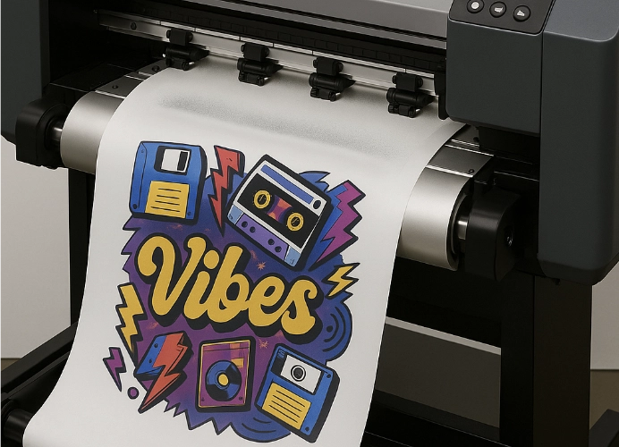 เครื่องพิมพ์ DTF กำลังพิมพ์งานลายสีสันบนฟิล์มแบบม้วน