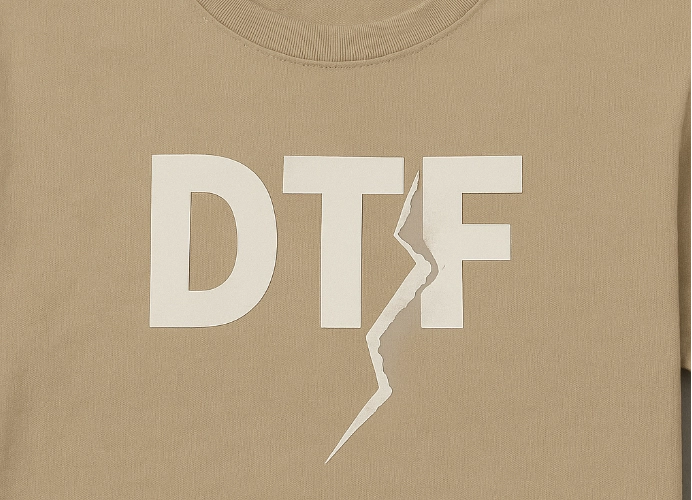 ภาพตัวอักษร DTF ที่เกิดรอยแตกบนผ้า แสดงปัญหางานสกรีนลอก