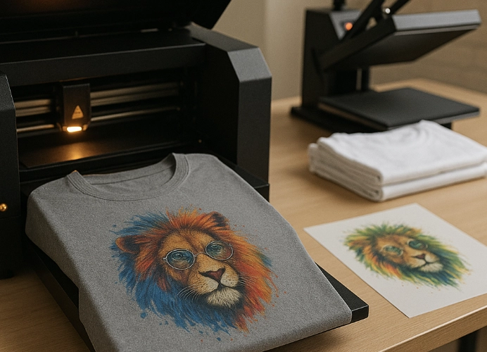 เสื้อสีเทาพิมพ์ลายสิงโตสวมแว่นด้วยเทคนิค DTF สีสด คมชัด วางอยู่หน้าพรินเตอร์