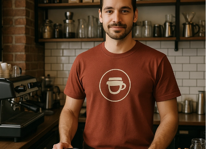 ชายบาริสต้าสวมเสื้อยืดลายโลโก้ร้านกาแฟ ยืนหลังเคาน์เตอร์เครื่องชงกาแฟ