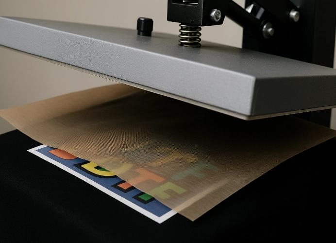 การรีดงาน DTF ด้วยอุณหภูมิและแรงกดที่เหมาะสม โดยใช้แผ่นเทฟลอนช่วยกระจายความร้อน