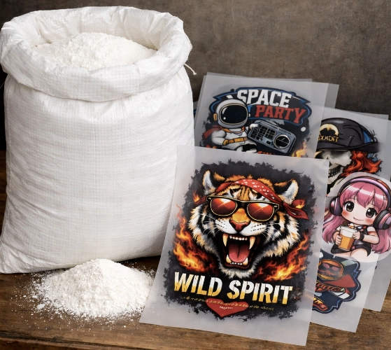 ผงกาว DTF และแผ่นฟิล์มพิมพ์ลาย พร้อมสำหรับขั้นตอนการรีด