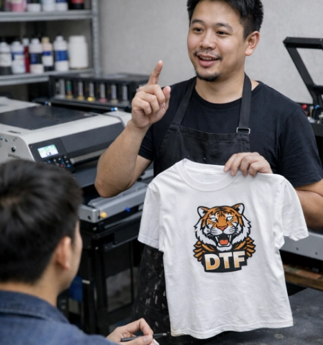 ช่างสกรีนกำลังตอบคำถามลูกค้าเกี่ยวกับปัญหางาน DTF