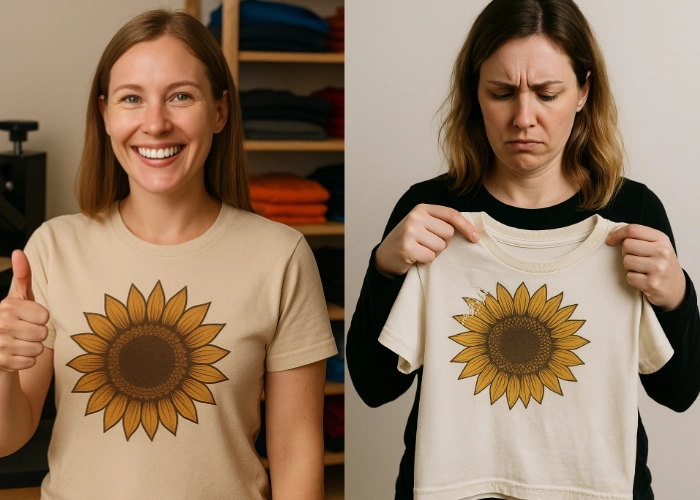 การเปรียบเทียบเสื้อยืดลายดอกทานตะวันที่พิมพ์ด้วยระบบ DTF ระหว่างงานคุณภาพดีที่สีสดใสกับงานคุณภาพต่ำที่สีซีดและหลุดลอกหลังการซัก