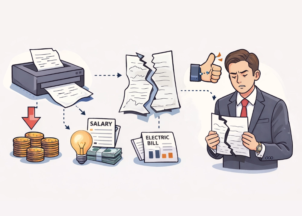 ภาพกราฟิกแสดงค่าใช้จ่ายที่เสียไป ทั้งค่าไฟ เงินเดือน และวัสดุที่เสียเปล่าจากงานพิมพ์ที่ผิดพลาด