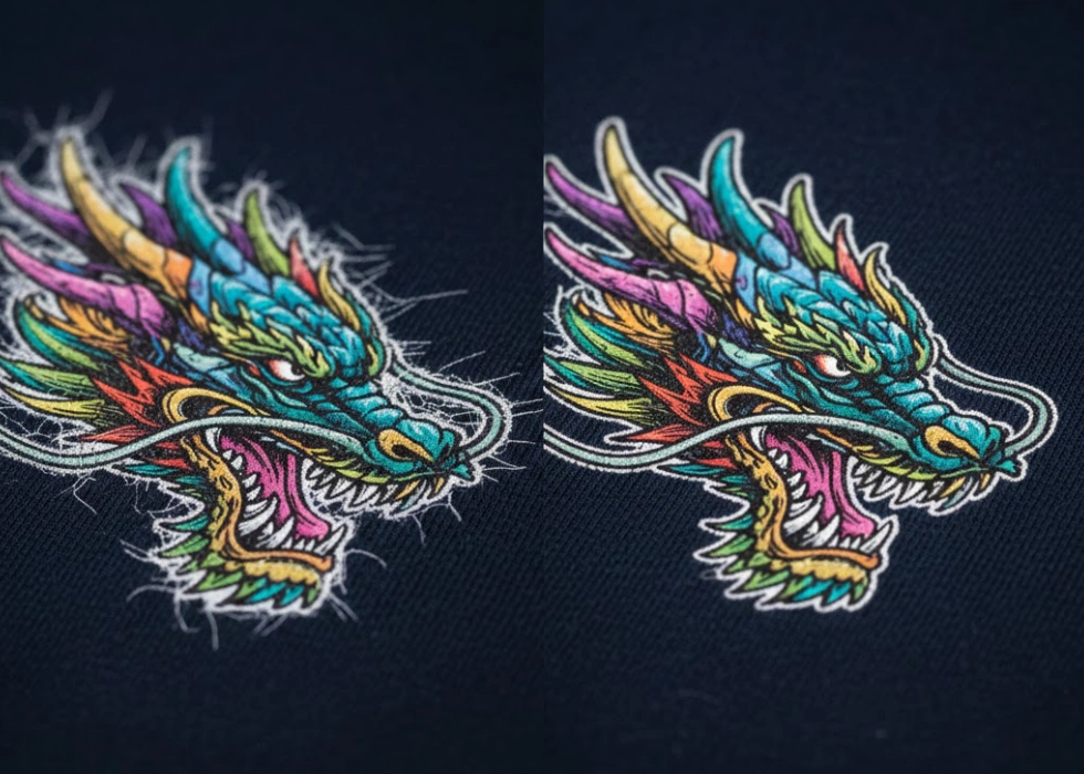 ภาพเปรียบเทียบงานสกรีน DTF ลายมังกร ฝั่งซ้ายมีขอบขาวแลบออกมานอกสี (Bleed) ฝั่งขวาเก็บขอบขาวได้สนิท (Choke)