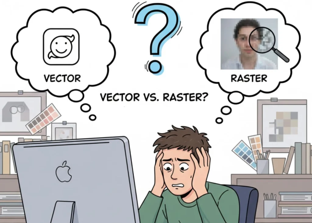 การ์ตูนช่างกราฟิกกำลังเครียดหน้าคอมพิวเตอร์ ลังเลว่าจะเลือกใช้ไฟล์ Vector หรือ Raster สำหรับงานสกรีน DTF ดี