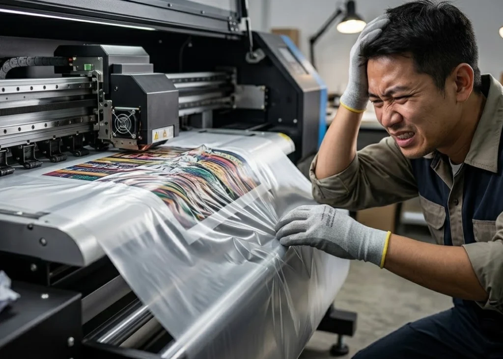 ภาพช่างสกรีนชายกำลังกุมขมับด้วยสีหน้าเครียดและหงุดหงิด ด้านหน้าเป็นเครื่องพิมพ์ DTF หน้ากว้างที่ฟิล์มใสเกิดรอยย่นและรอยพับอย่างหนักขณะกำลังพิมพ์งาน