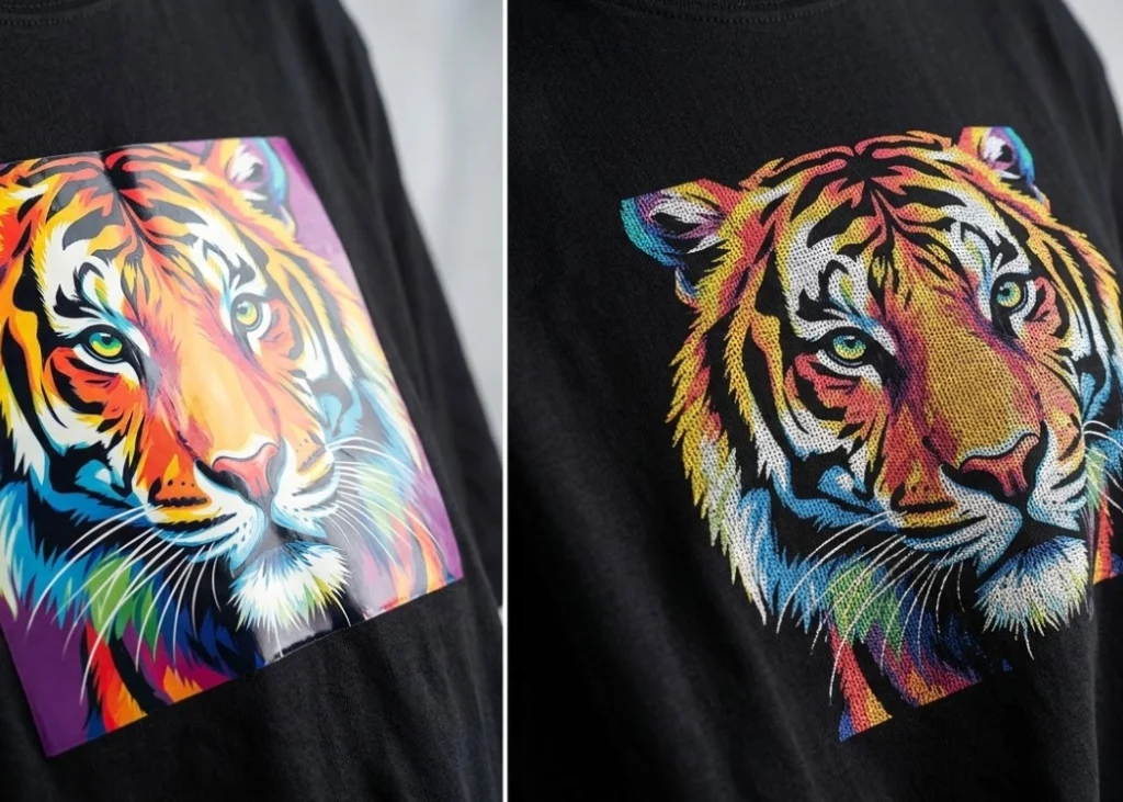 ภาพถ่ายสตูดิโอแบบโคลสอัพเปรียบเทียบเสื้อสกรีนสีดำ 2 ตัว โดยฝั่งซ้ายดูทึบและเป็นแผ่นยาง ฝั่งขวาดูนิ่มและเบา