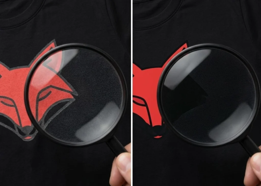 ภาพเปรียบเทียบเสื้อสกรีนสีดำ ฝั่งซ้ายมีสกรีนคำว่า 'BLACK 100%' และ 'RICH BLACK (CMYK)' โดยฝั่งซ้ายดูเทาๆ ซีดๆ ส่วนฝั่งขวาดูดำสนิท เข้มข้น