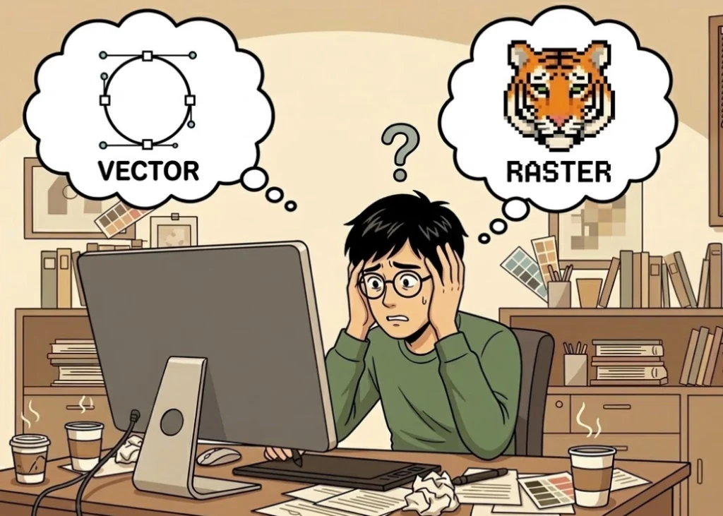 าพวาดการ์ตูนช่างกราฟิกชายสวมแว่นกำลังทำหน้าเครียดกุมขมับอยู่หน้าจอคอมพิวเตอร์ ในหัวกำลังลังเลระหว่างสองทางเลือกคือไฟล์ Vector ที่เป็นรูปทรงเรขาคณิตคมชัด กับไฟล์ Raster ที่เป็นรูปหน้าเสือแบบพิกเซล