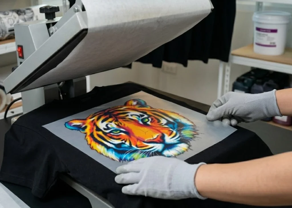 ภาพถ่ายสตูดิโอแบบโคลสอัพแสดงให้เห็นถึงขั้นตอนการเริ่มต้นการรีดทับด้วยเครื่องรีดร้อน หัวหน้างานสกรีนกำลังนำฟิล์มสกรีน DTF ที่มีลายเสือหลากสีสัน (image_40.png, image_42.png) วางลงบนเสื้อยืดสีดำ ด้านหลังมีชั้นวางของที่จัดเรียงวัสดุอุปกรณ์อย่างเป็นระเบียบ แสงไฟส่องเน้นพื้นผิวของผ้าและฟิล์ม