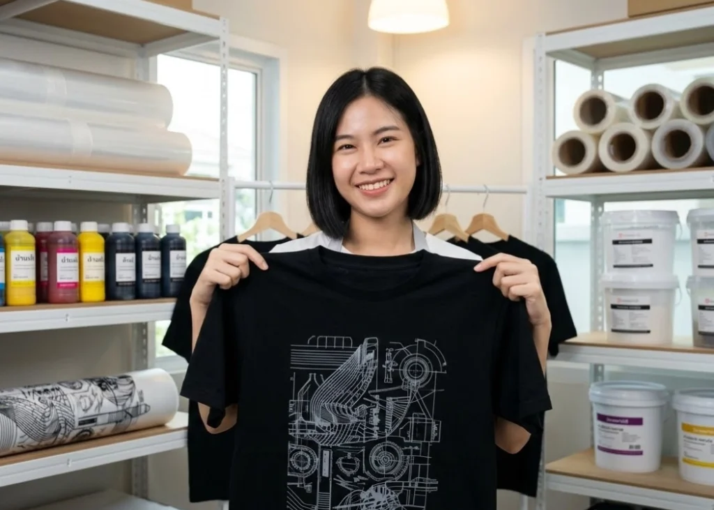 ภาพถ่ายช่างสกรีนชาวเอเชียยืนยิ้มและนำเสนอเสื้อยืดสกรีนลายเส้นคู่ขนานที่บางมากและคมชัด (intricate and sharp fine-line mechanical sketch print) ในสตูดิโอสกรีนเสื้อ ด้านหลังเป็นชั้นวางที่จัดเรียงม้วนฟิล์มใส ขวดหมึก และถังผงกาวอย่างเป็นระเบียบ