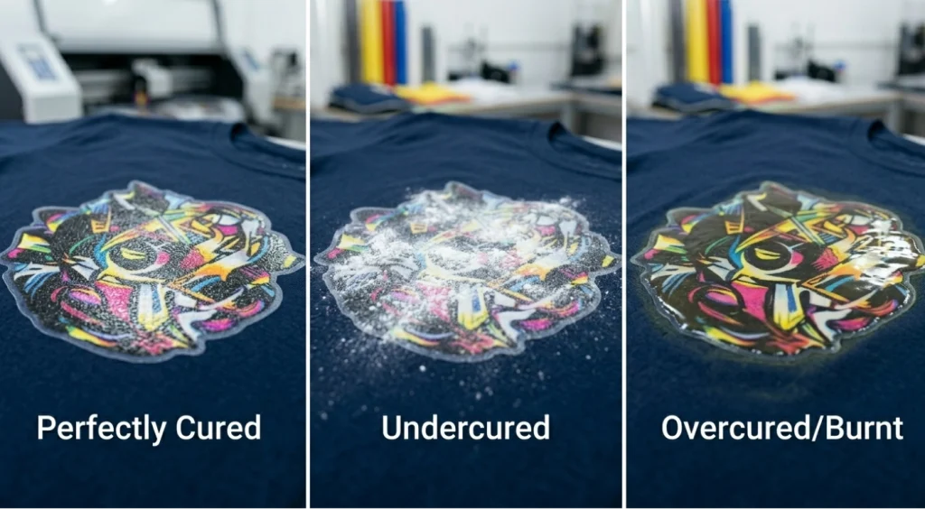 แผงเปรียบเทียบหน้าตัดขวางสามมิติแบบซูมใกล้สามแผง แสดงผลลัพธ์ของการอบกาว DTF ในระดับต่างๆ: อบกาวจนสุกพอดี (มีผิวสัมผัสเปลือกส้ม) อบกาวจนดิบ (มีผงแป้งสีขาว) และอบกาวจนไหม้ (มีผิวสัมผัสเรียบ มัน และเหลือง)