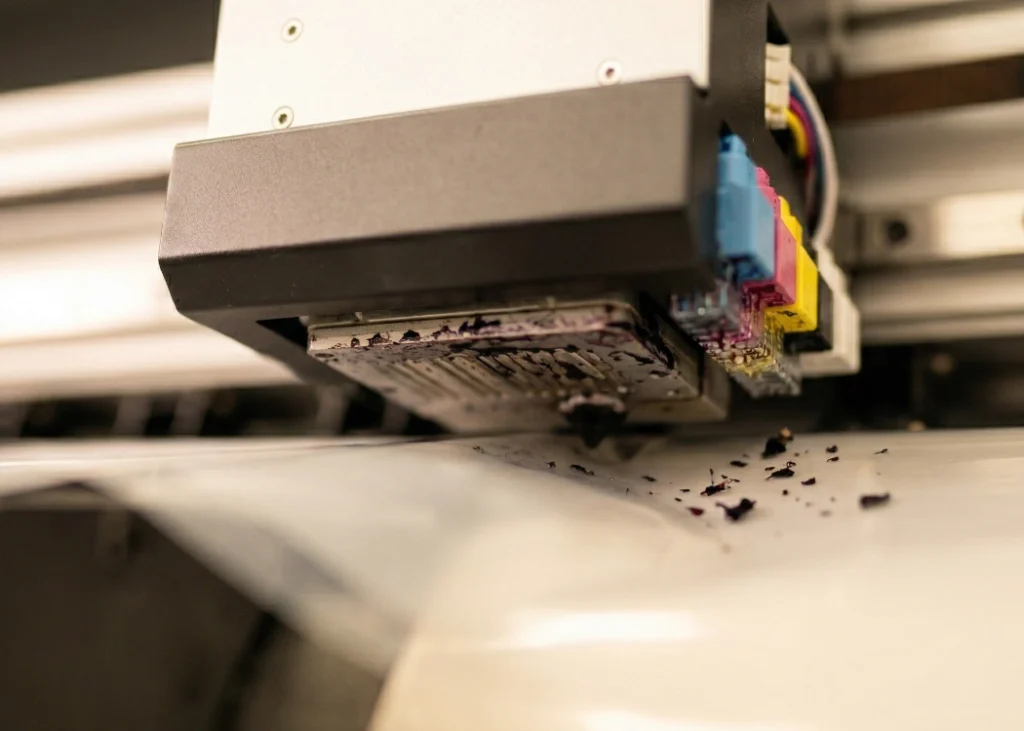 ภาพมาโครแบบชัดตื้น แสดงคราบหมึกแห้งเกาะกรังอุดตันบริเวณปากหัวพิมพ์เครื่องสกรีน DTF เนื่องจากอากาศร้อนจัด