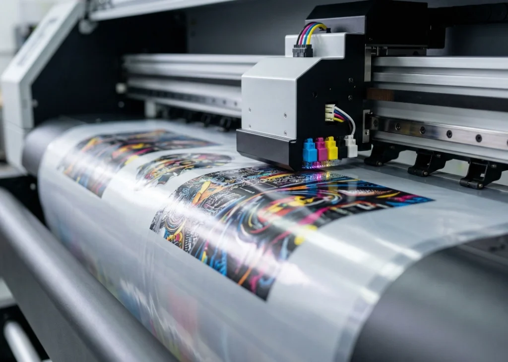 เครื่องพิมพ์ DTF กำลังพิมพ์ลายสกรีนลงบนแผ่น PET Film อย่างละเอียด