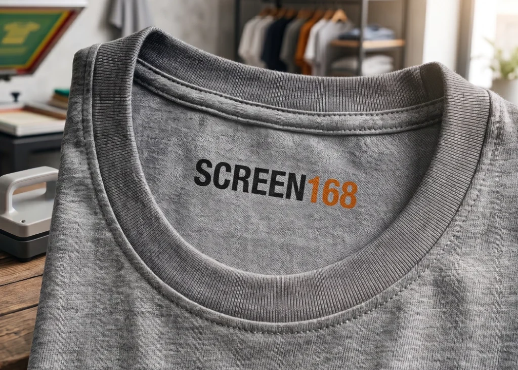 สกรีนป้ายคอเสื้อระบบ DTF โลโก้ Screen 168 พิมพ์ติดเนื้อผ้า เรียบเนียน ไม่ระคายเคือง