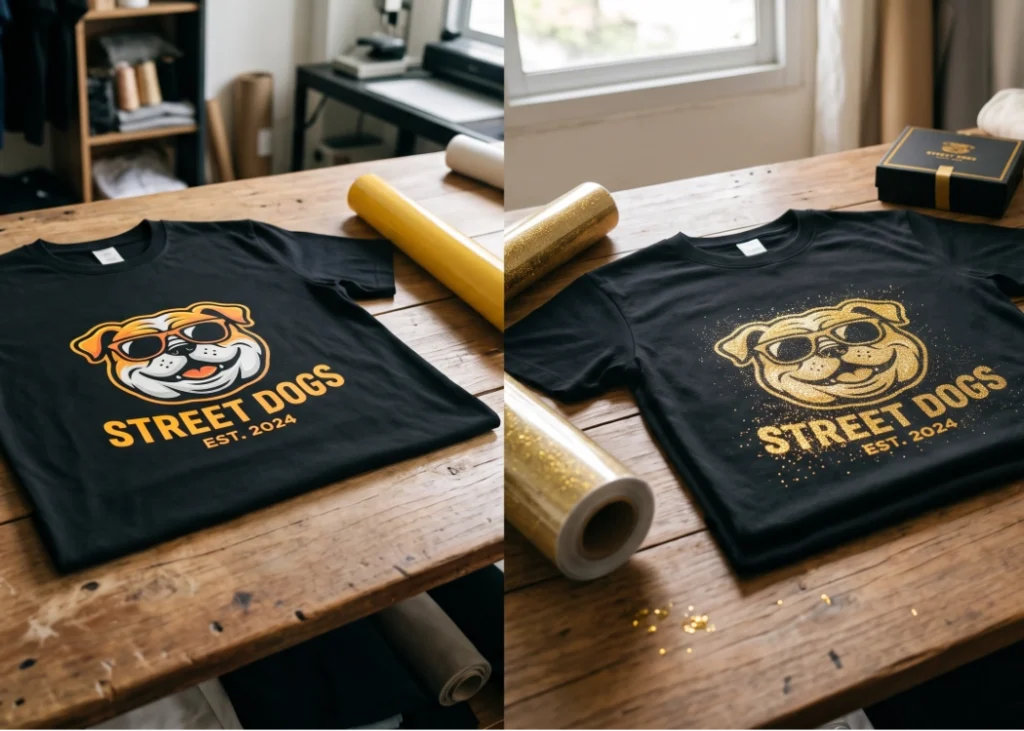 ภาพเปรียบเทียบเสื้อยืดสีดำสองตัวที่มีลายพิมพ์ 'STREET DOGS' ลายเดียวกัน วางอยู่บนโต๊ะไม้ โดยตัวหนึ่งเป็นงานพิมพ์แบบธรรมดา และอีกตัวเป็นงานพิมพ์แบบกากเพชร (Glitter DTF) ที่ดูระยิบระยับ