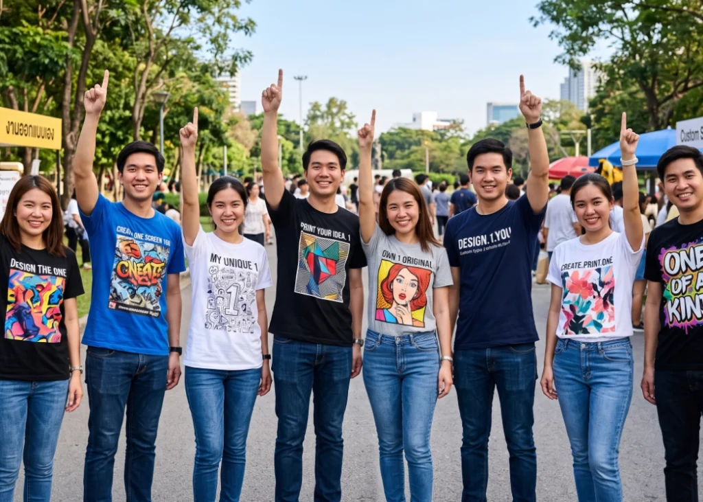 กลุ่มคนรุ่นใหม่สวมเสื้อยืดสกรีนลายกราฟิกออกแบบเองไม่ซ้ำกัน ยืนยิ้มและชูนิ้วชี้เลข 1 สื่อถึงบริการรับสกรีนเสื้อระบบ DTF ไม่มีขั้นต่ำ 1 ตัวก็ทำได้